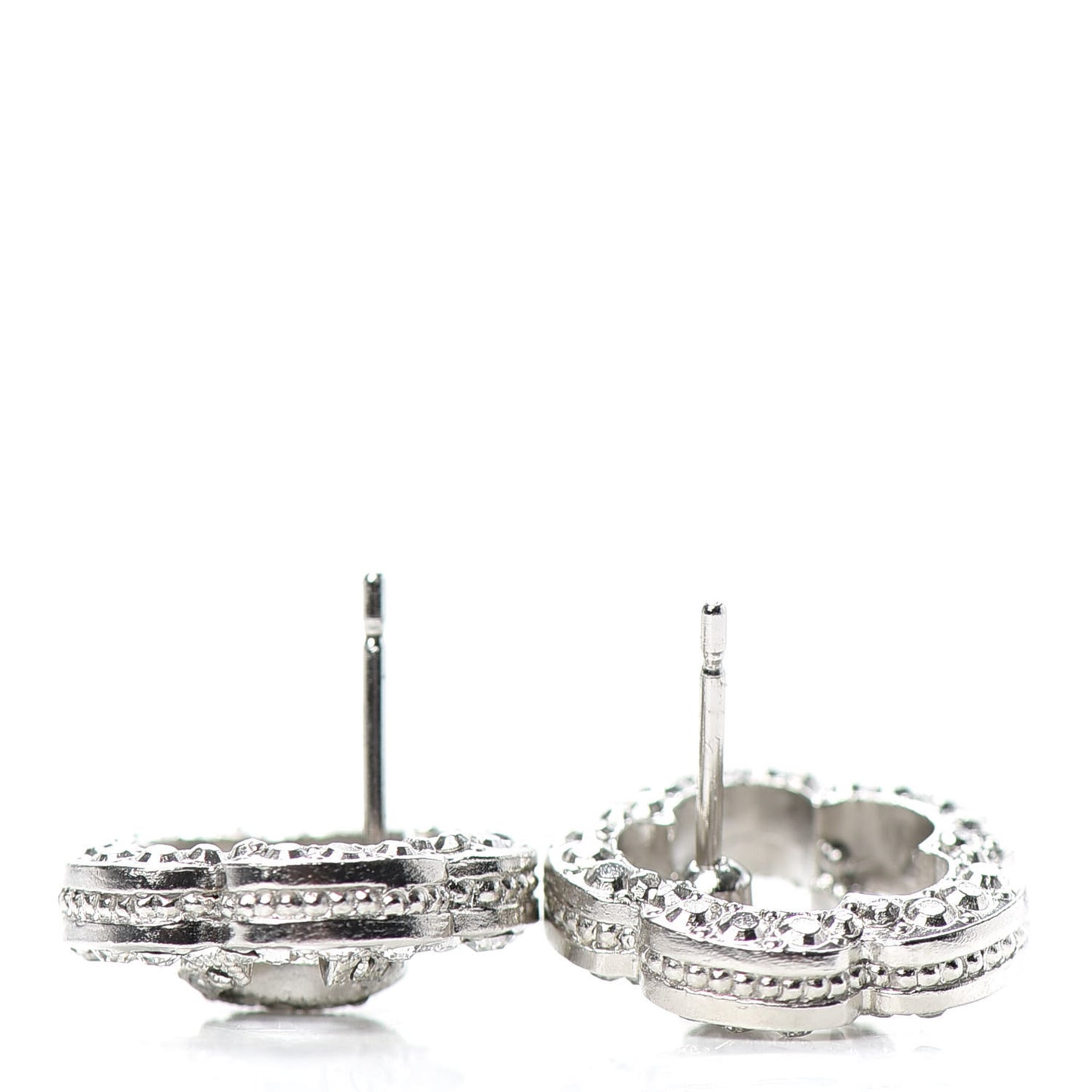 Crystal Coco Flapper Camellia CC Stud Earrings Silver