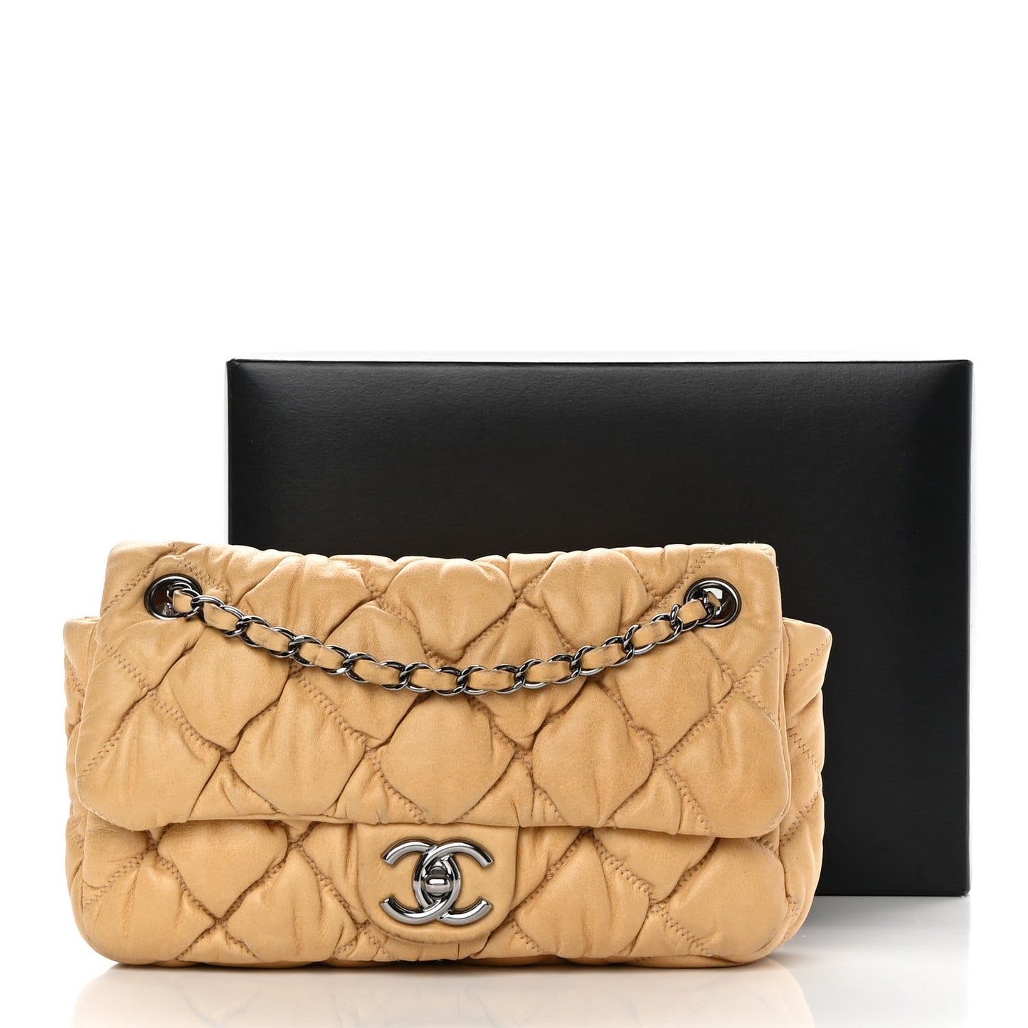 Calfskin Quilted Medium Bubble Quilt Flap Bag Beige