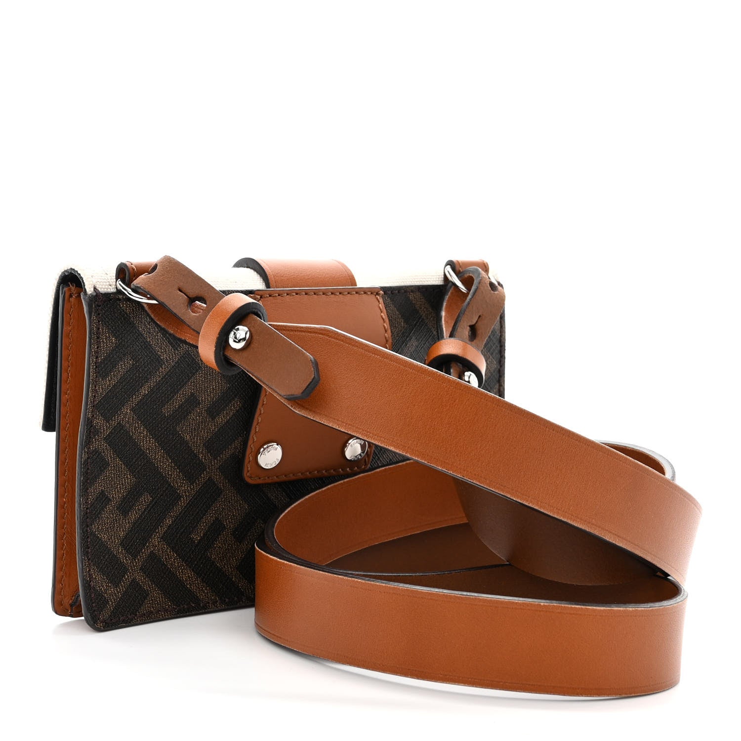 Fendi Glazed Fabric Cotton Vitello King Aura FF 1974 Baguette Belt Pouch Tobacco Moro Grezzo Cuoio 3 of 10