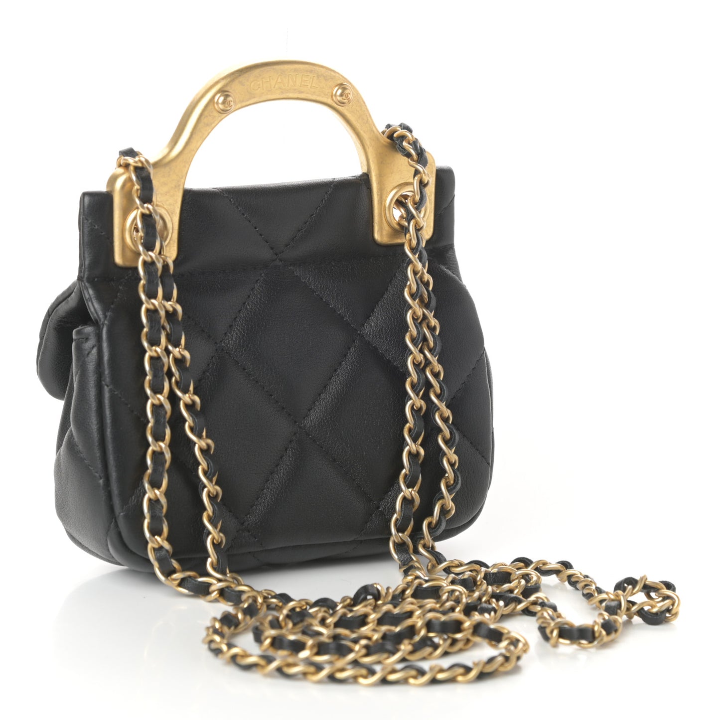Calfskin Quilted Lady Handle Flap Card Holder With Chain Black