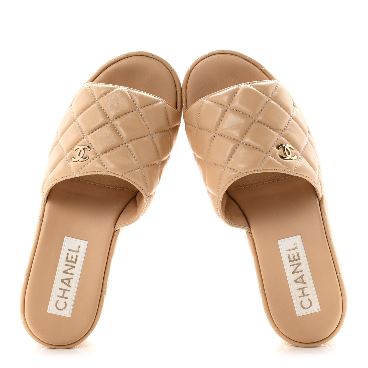 Lambskin Quilted CC Mules Wedge Sandals 39 Beige