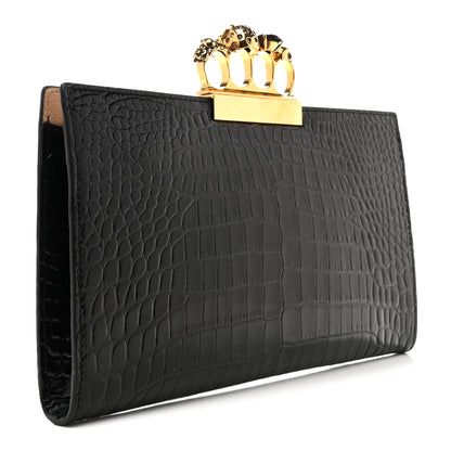 Alexander McQueen Calfskin Crocodile Embossed Knuckle Flat Clutch Black Gold 3 of 10
