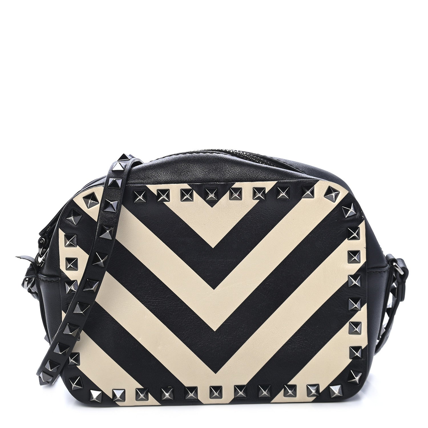Valentino Garavani Vitello Chevron Rockstud Camera Crossbody Bag Light Ivory Black 1 of 9