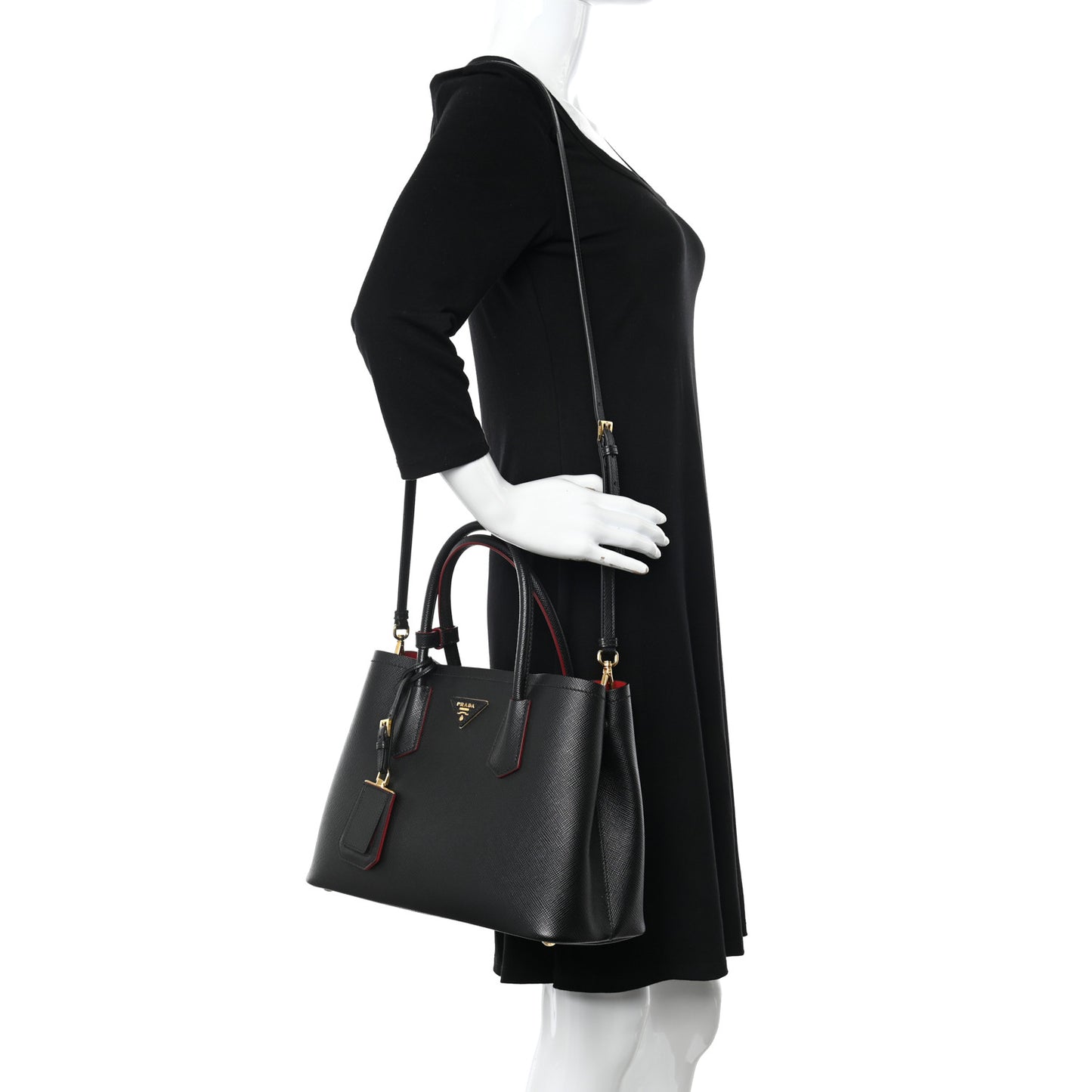 Saffiano Cuir Small Double Bag Black Fuoco