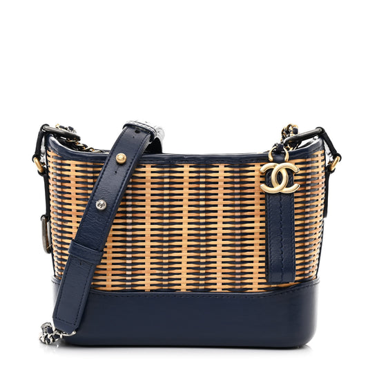 Rattan Calfskin Small Gabrielle Hobo Beige Navy