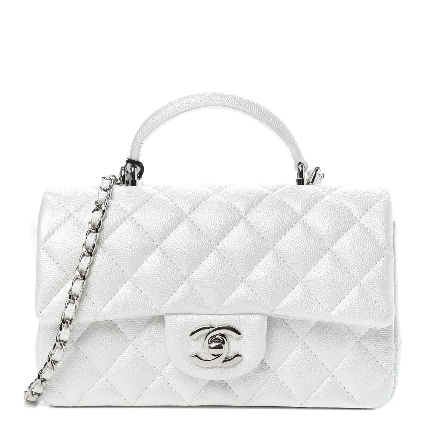 Iridescent Caviar Quilted Mini Top Handle Rectangular Flap White