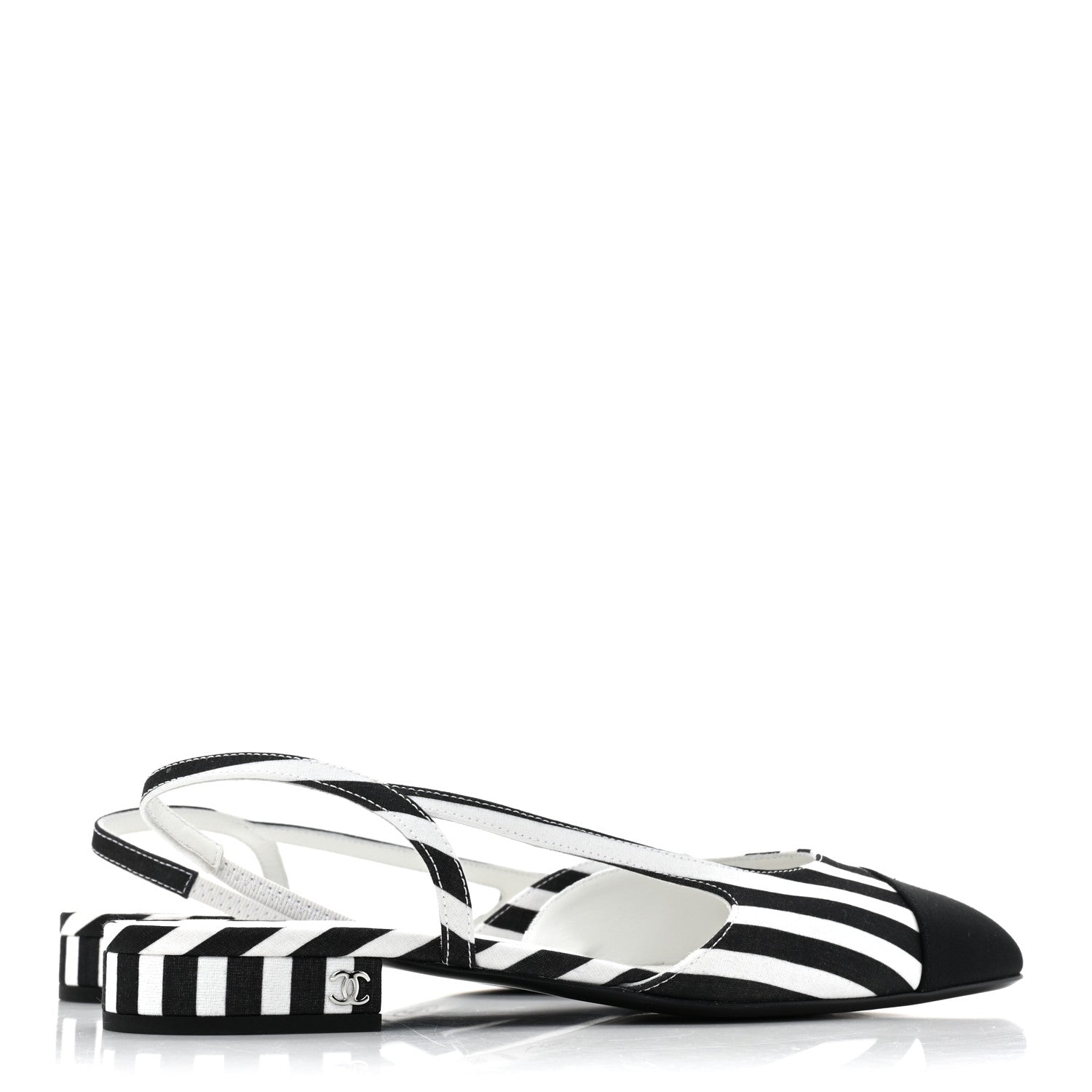 Chanel Fabric Grosgrain Cap Toe CC Slingback Flats 39 White Black 4 of 8