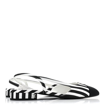 Chanel Fabric Grosgrain Cap Toe CC Slingback Flats 39 White Black 4 of 8