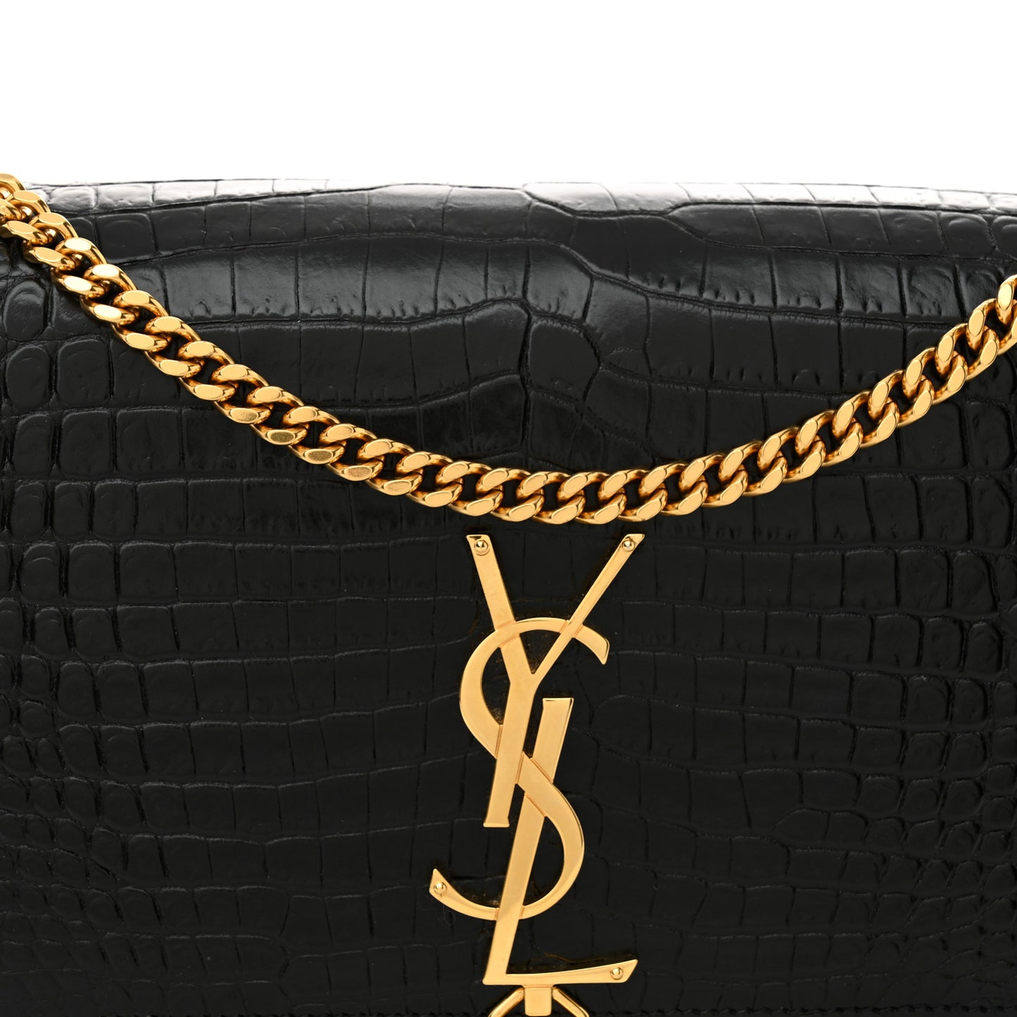 Calfskin Crocodile Embossed Medium Classic Monogram Kate Tassel Satchel Black