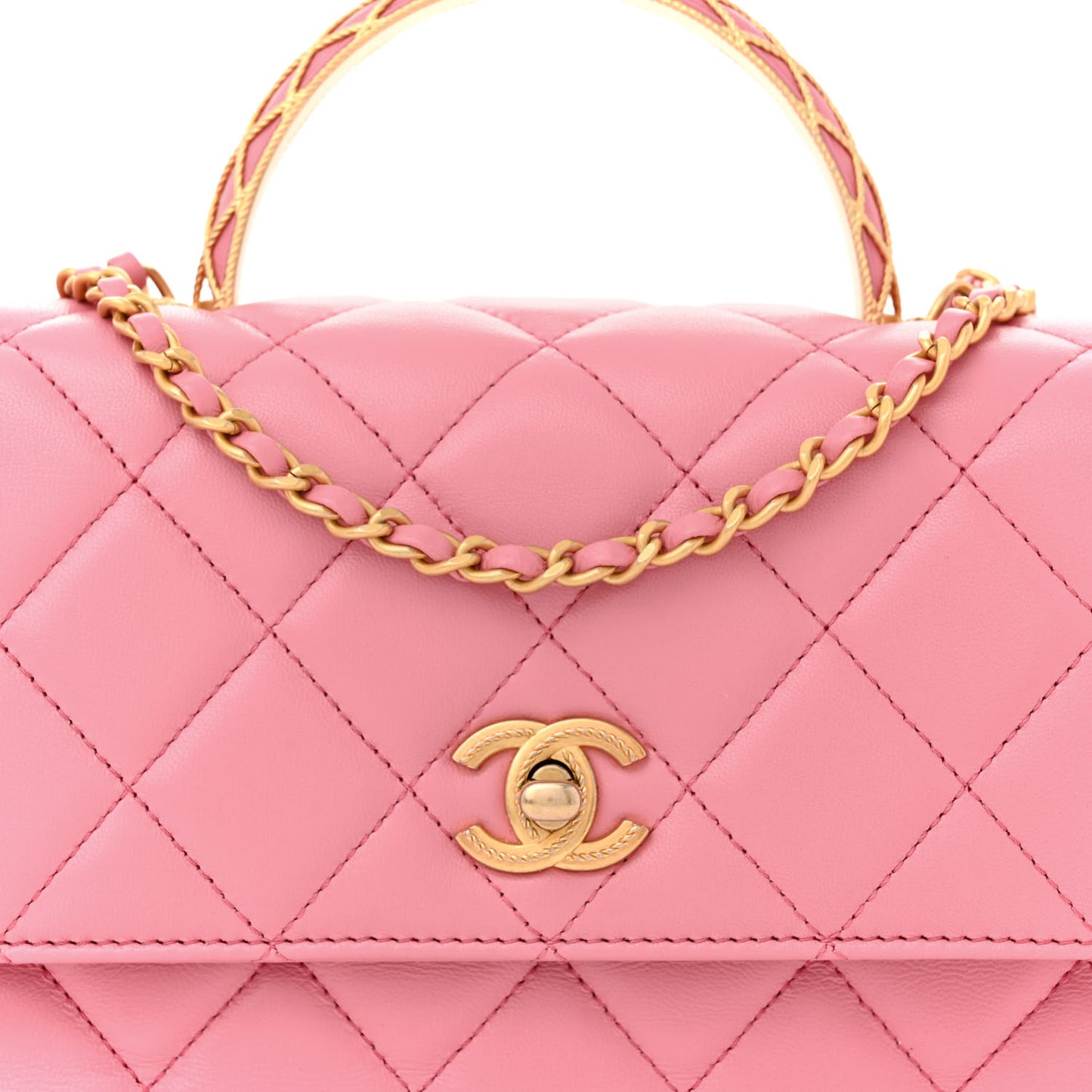Lambskin Metal Quilted Twist Top Handle Flap With Chain Light Pink