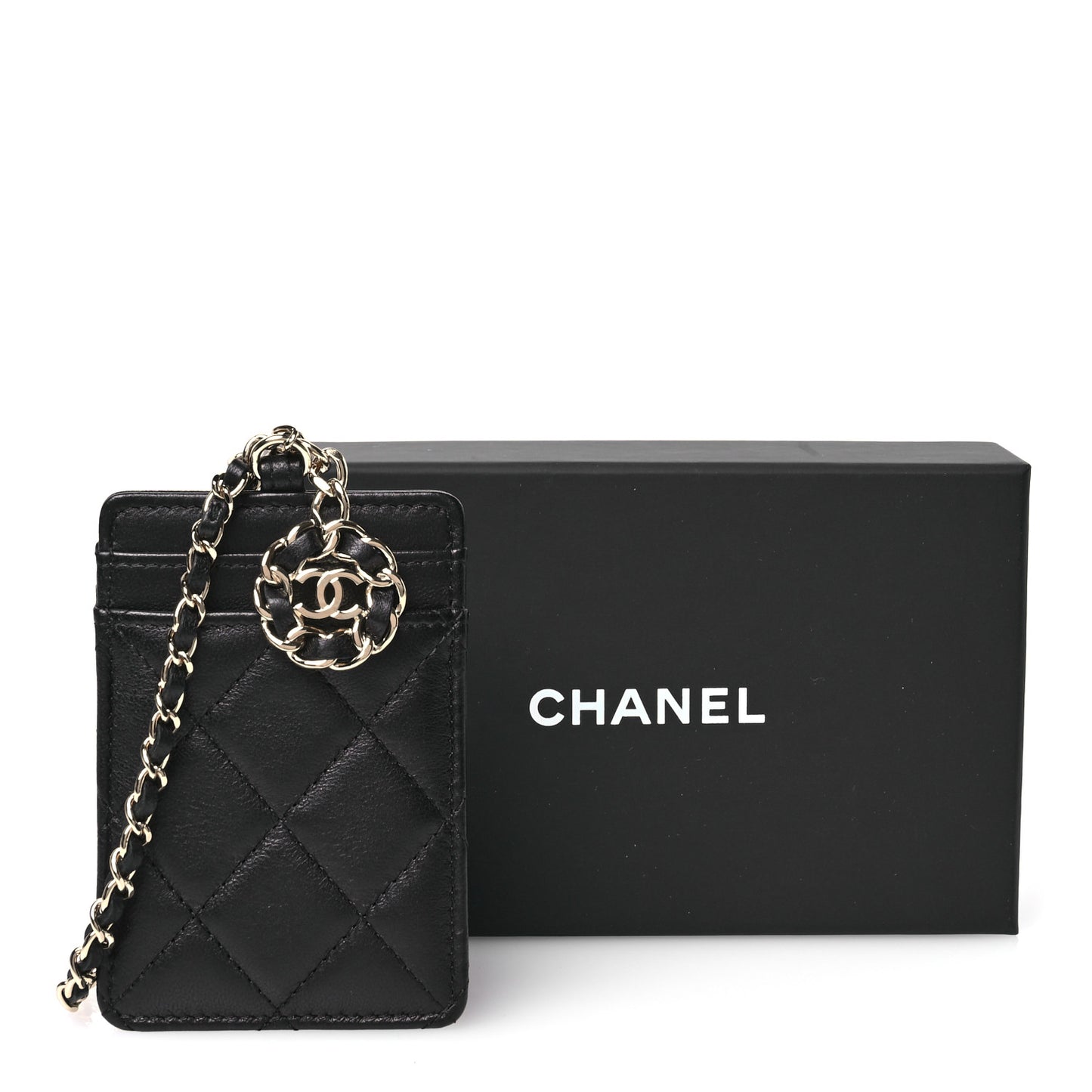 Lambskin Quilted Card Holder On Chain Black