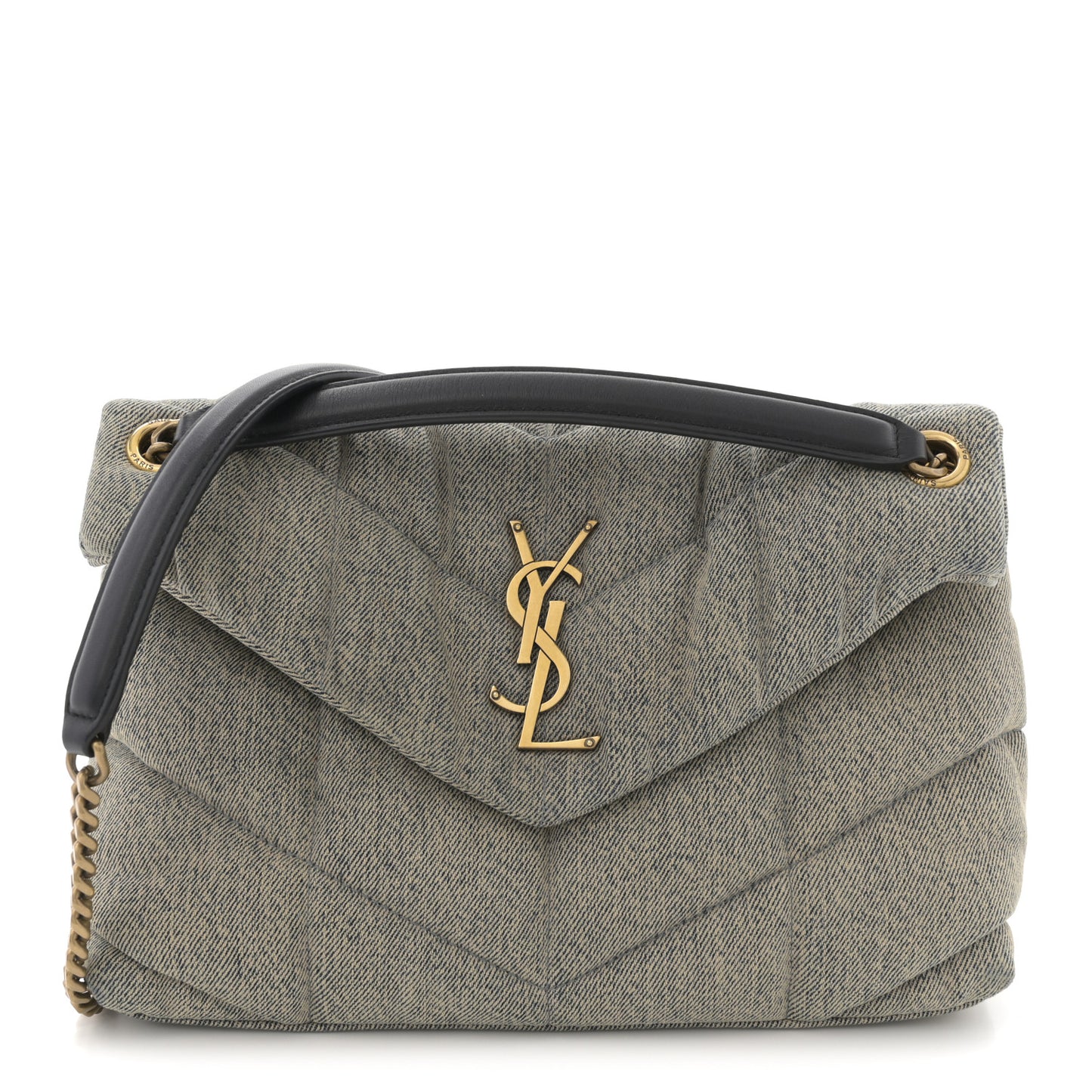 Denim Quilted Small Loulou Puffer Monogram Chain Satchel Azur