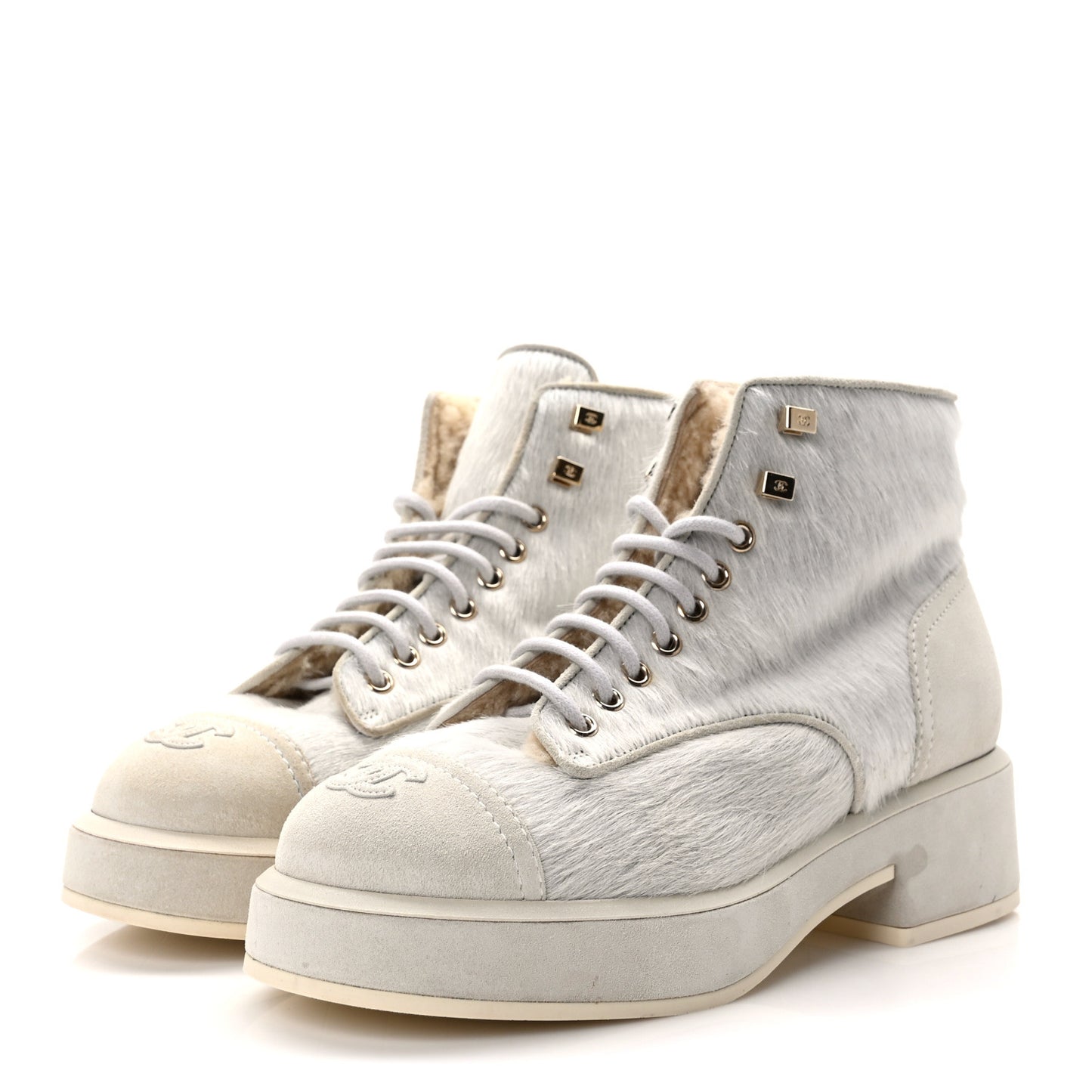 Suede Pony Hair Shearling Lace Up Combat Boots 38.5 White Black