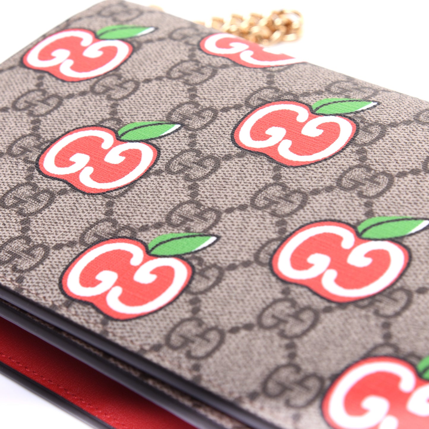 GG Supreme Monogram Apple Chain Wallet Beige Multicolor Lobster Red