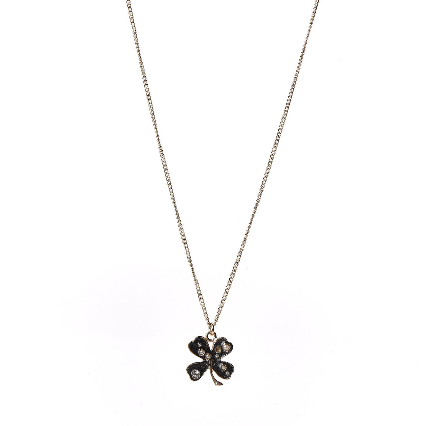 Enamel Pearl Crystal Four Leaf Clover Pendant Necklace Black Gold