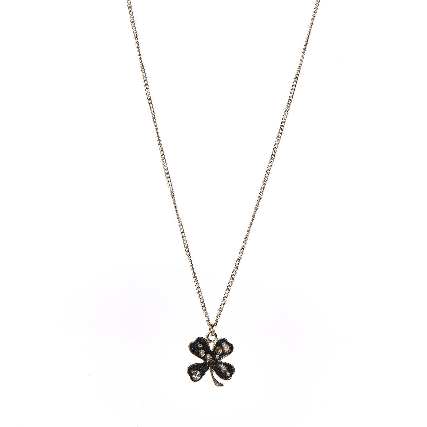 Chanel Enamel Pearl Crystal Four Leaf Clover Pendant Necklace Black Gold 1 of 6