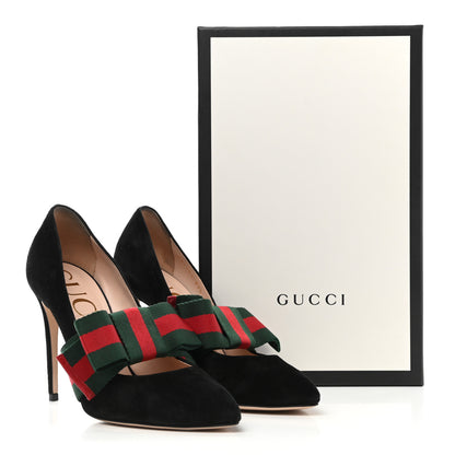Gucci Kid Scamosciato Removable Web Bow High Heel Pumps 37.5 Black 14 of 14