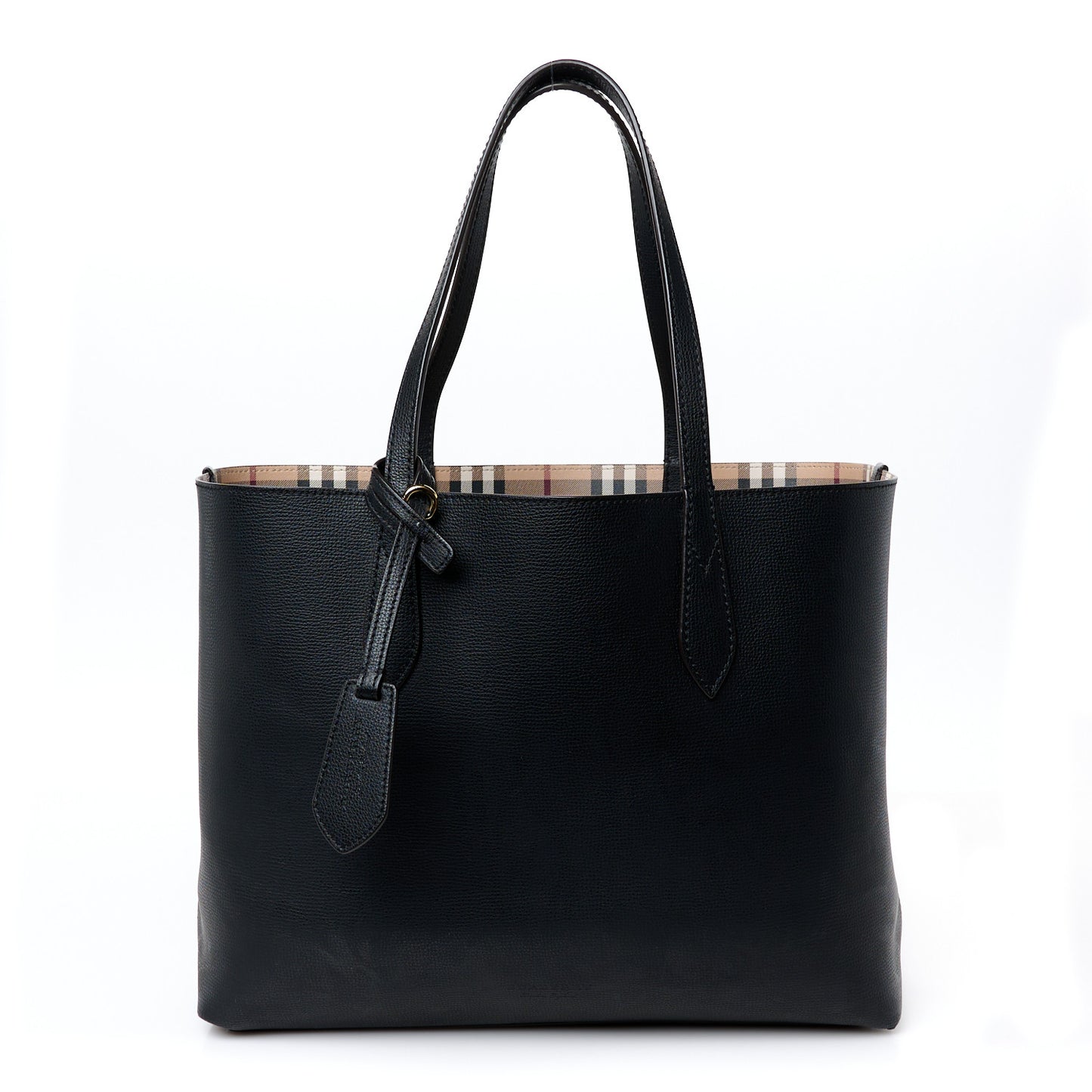Grainy Calfskin Haymarket Check Medium Reversible Tote Black