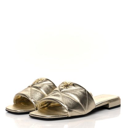 Prada Metallic Nappa Logo Quilted 10mm Slide Sandals 38.5 Pirite 3 of 7