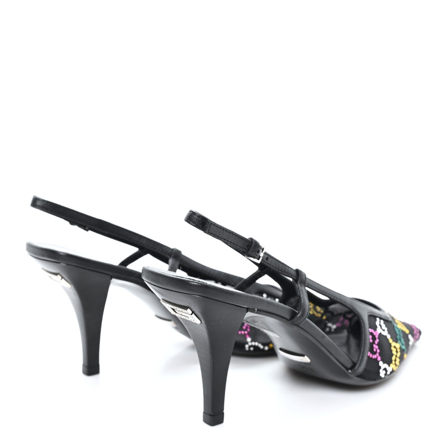Tela Retino Nappa Charlotte Crystal GG Monogram Square G 75mm Slingback Pumps 36.5 Black
