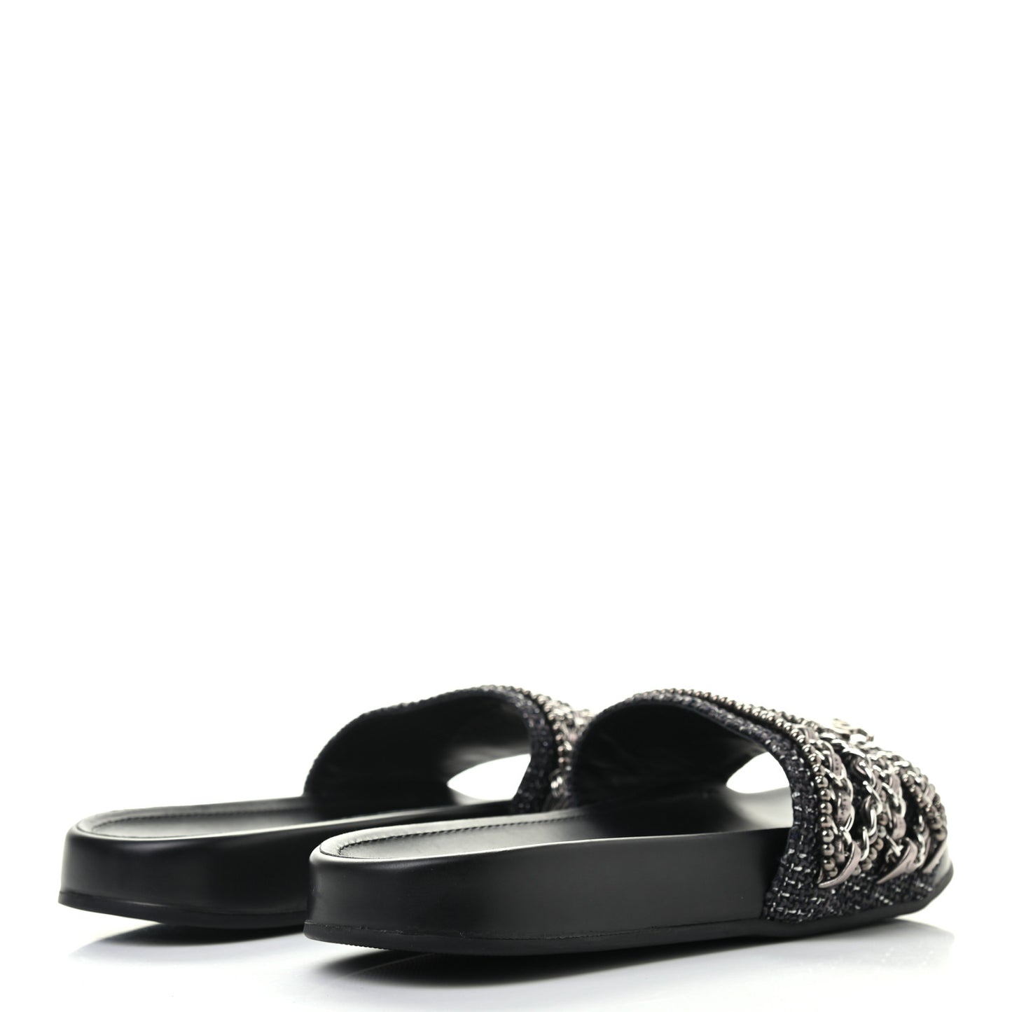 Tweed Lambskin Chain Flat Sandals 36 Silver