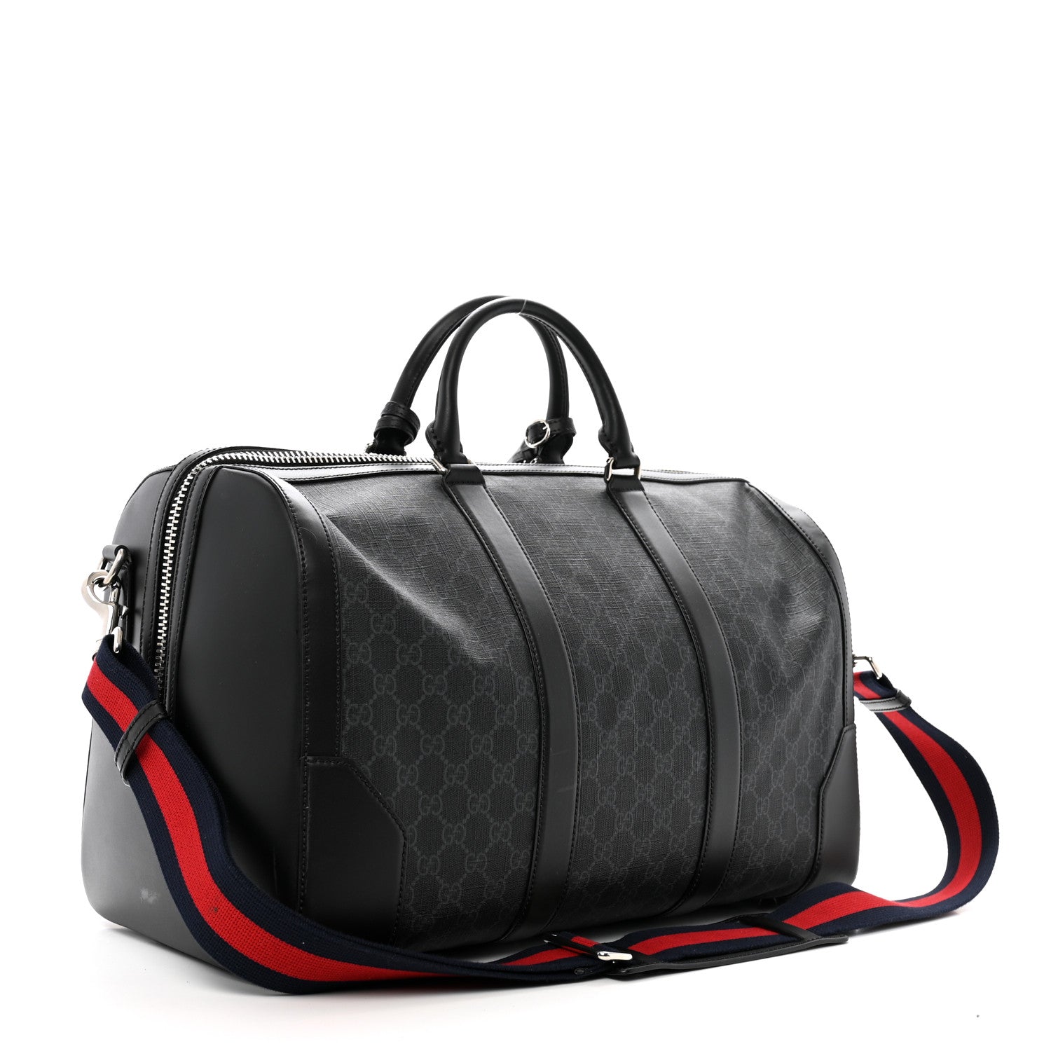 Gucci Soft GG Supreme Monogram Appia Calfskin Web Medium Carry On Duffle Bag Black Grey 2 of 11