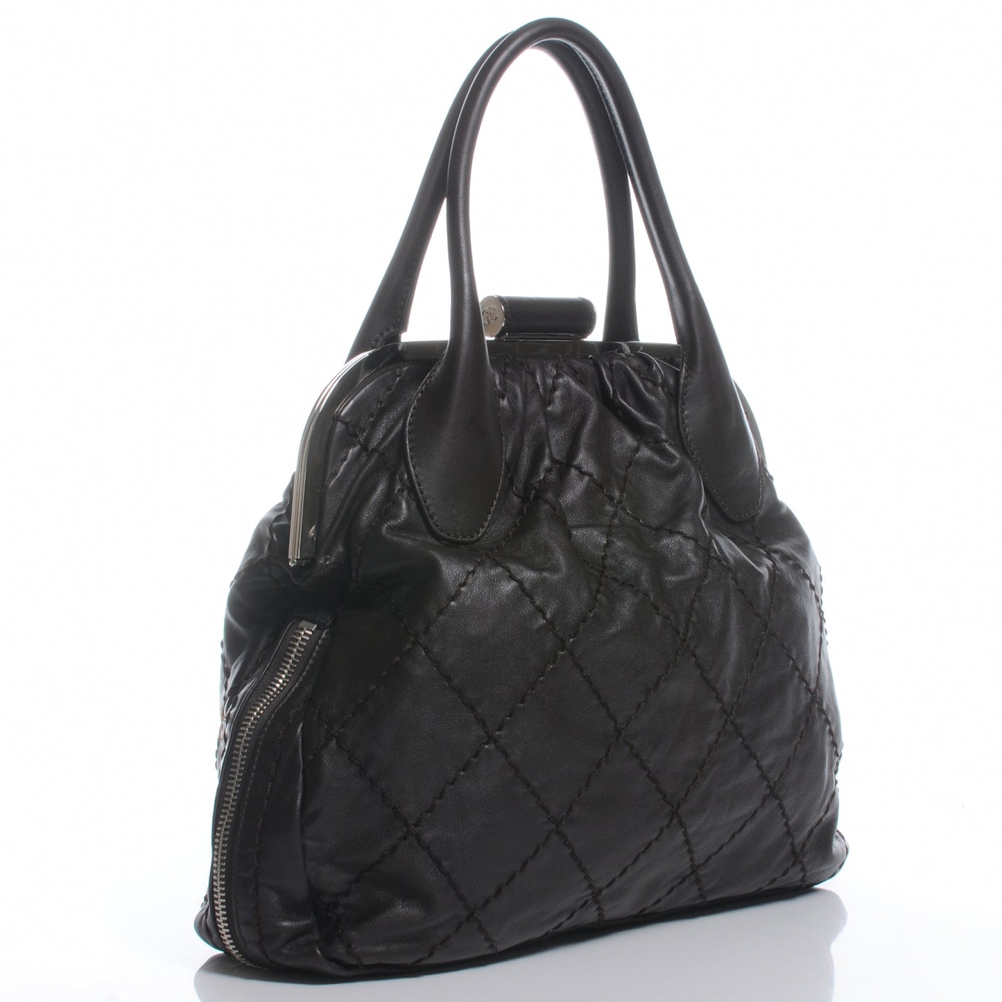 Lambskin Expandable Stitched Frame Top Bag Dark Brown