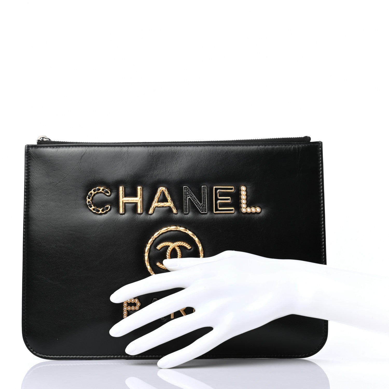 Chanel Shiny Calfskin Crystal Pearl Logo Cosmetic Case Black 2 of 7