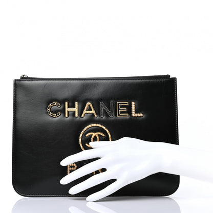 Chanel Shiny Calfskin Crystal Pearl Logo Cosmetic Case Black 2 of 7