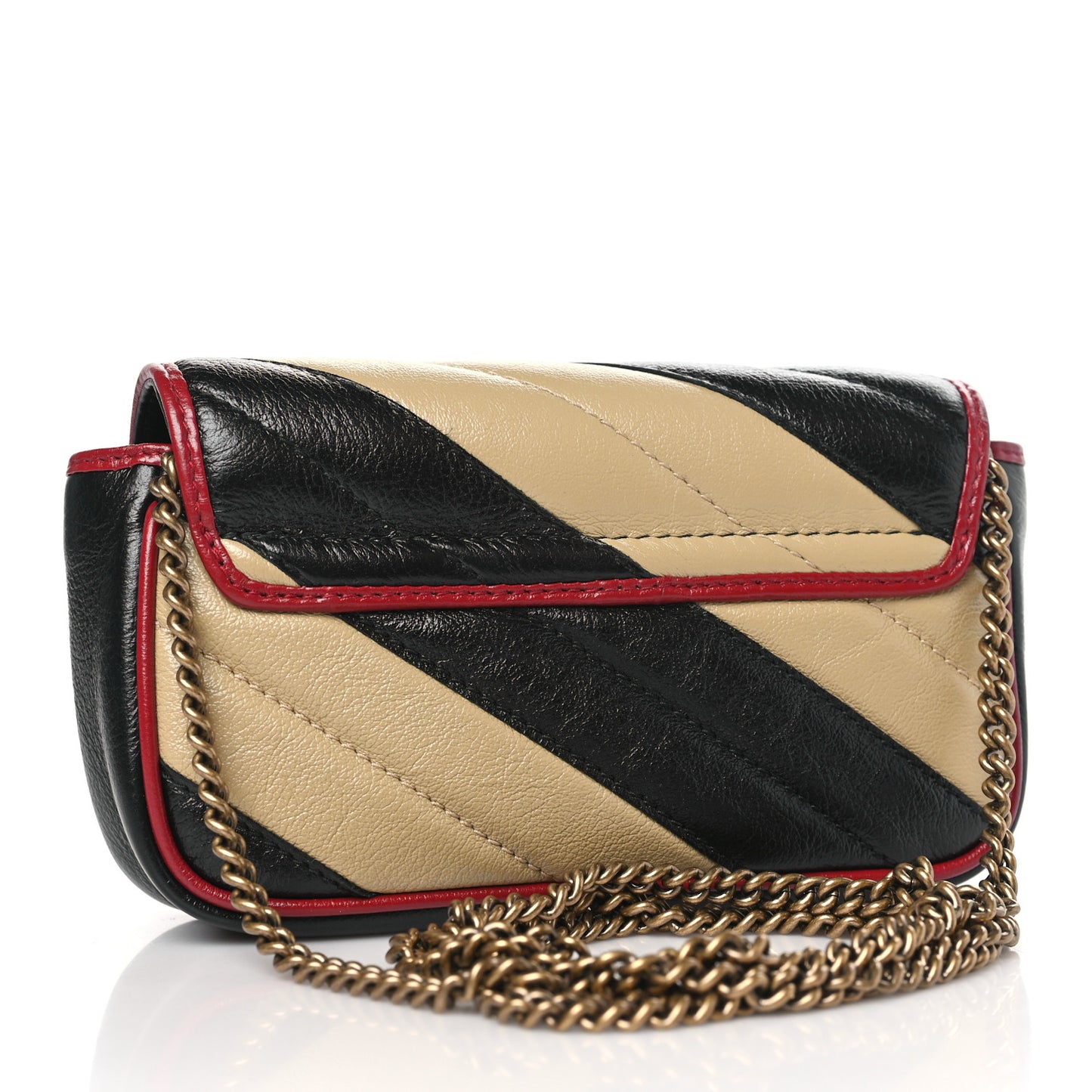 Vintage Effect Calfskin Matelasse Diagonal Striped Mini Torchon GG Marmont Shoulder Bag Black Beige