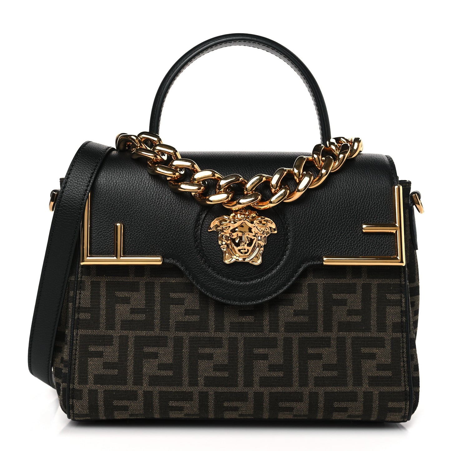 X FENDI Grained Calfskin Fendace Medium La Medusa Top Handle Bag Black Brown