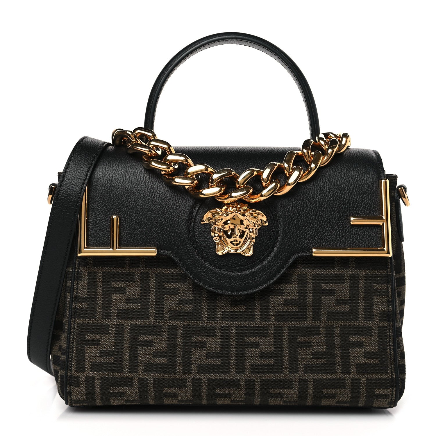 Versace X FENDI Grained Calfskin Fendace Medium La Medusa Top Handle Bag Black Brown 1 of 8