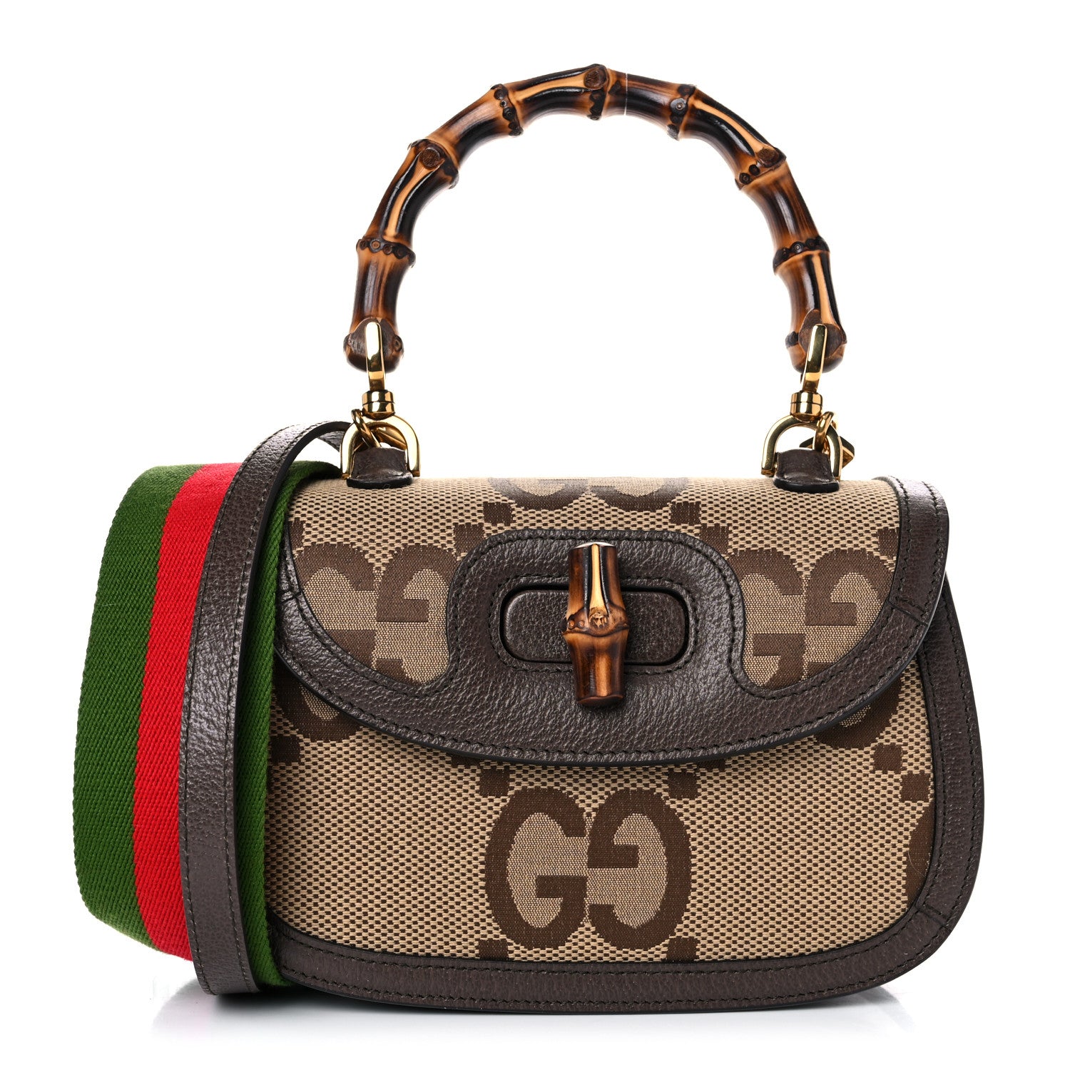 Gucci Monogram Jumbo GG Textured Dollar Calfskin Web Small Bamboo 1947 Top Handle Bag Camel Ebony New Acero 3 of 11