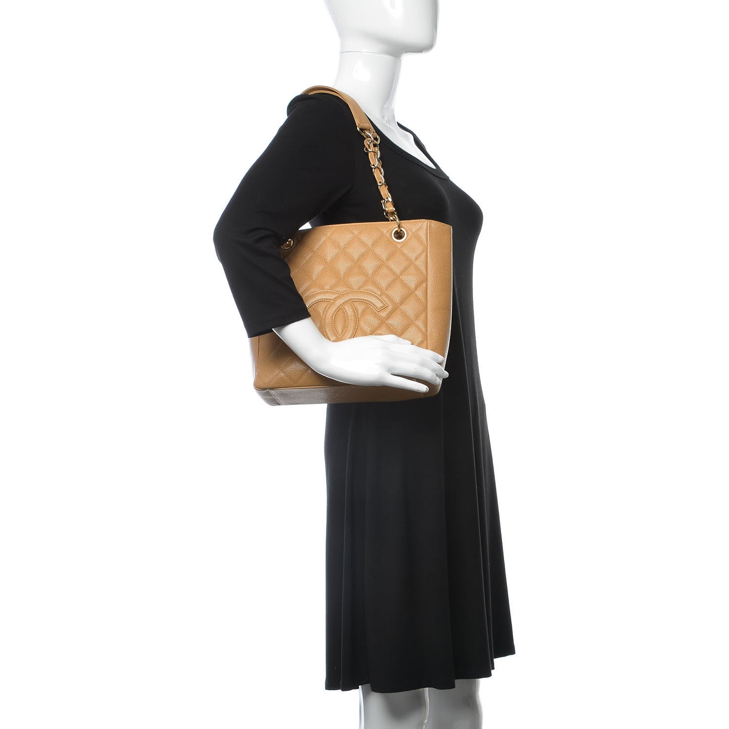 Caviar Quilted Petit Shopping Tote PST Dark Beige