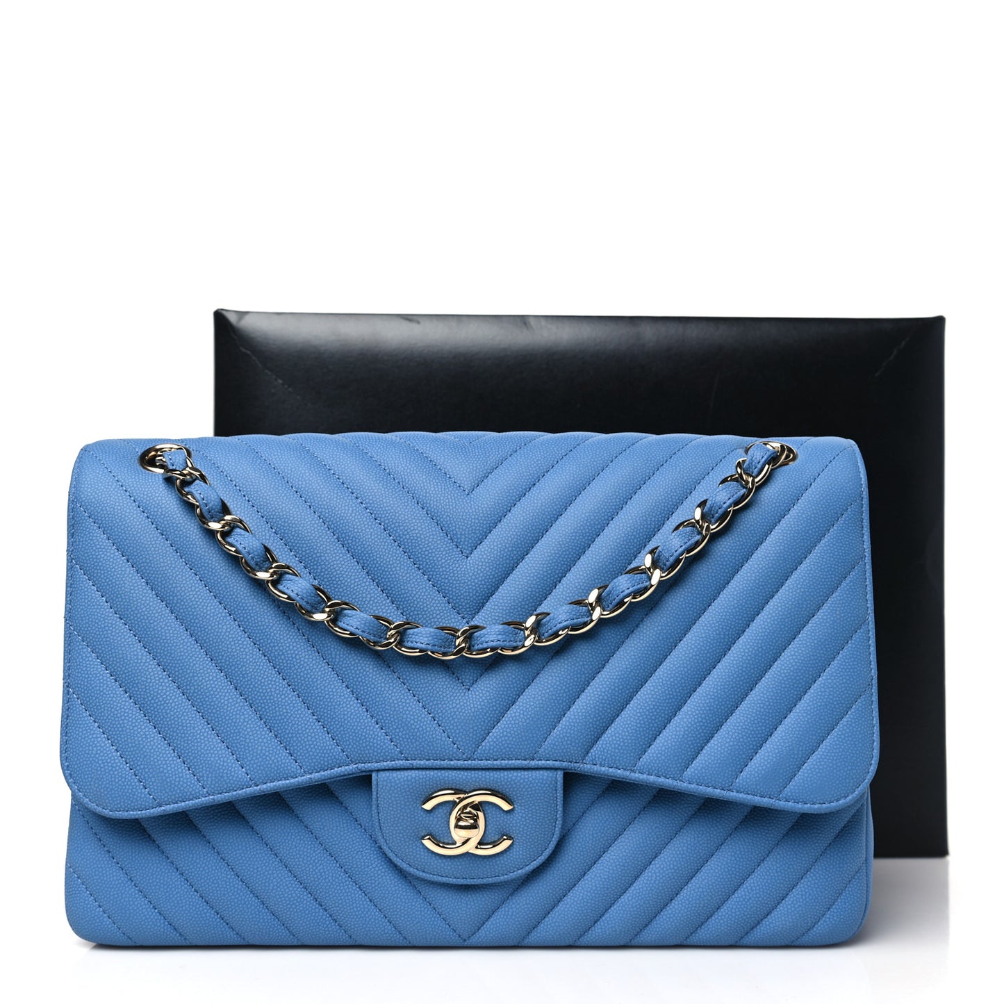 Caviar Flat Chevron Quilted Jumbo Double Flap Blue