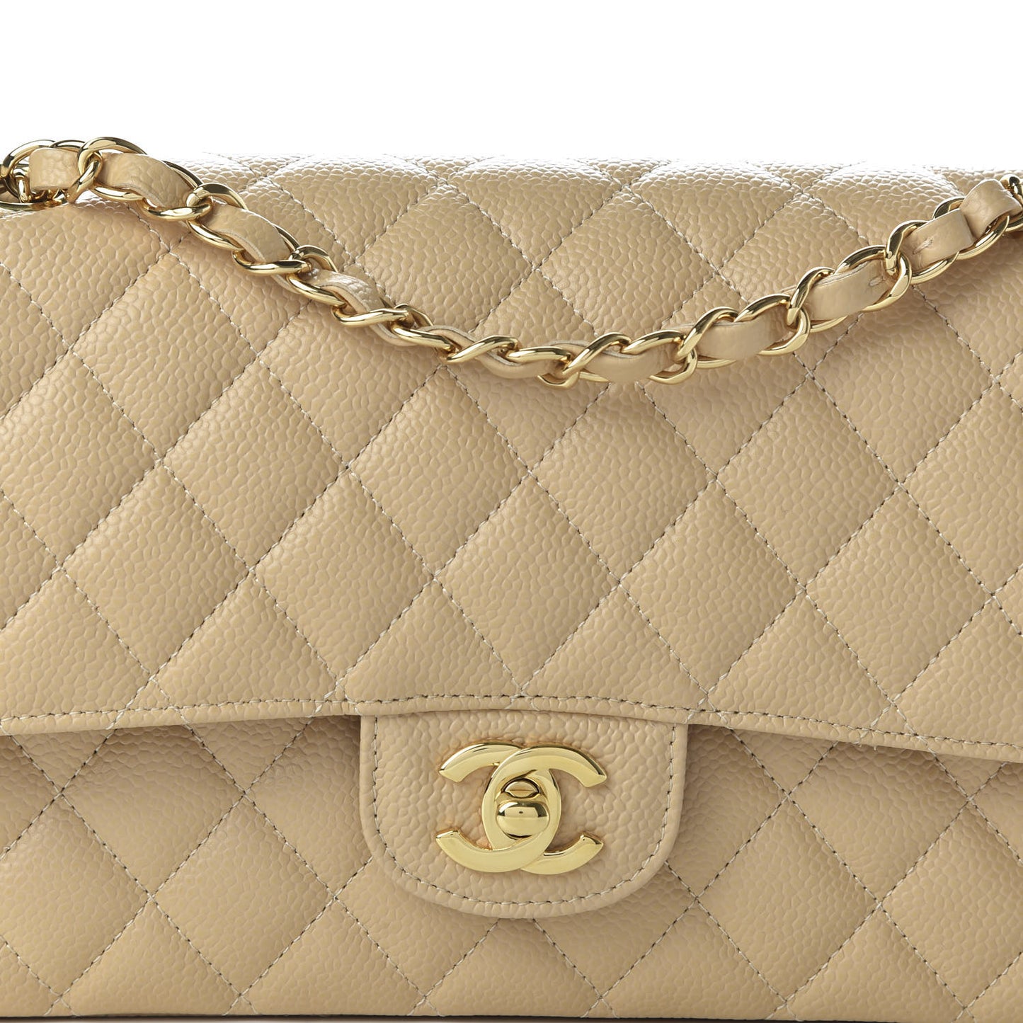 Caviar Quilted Medium Double Flap Beige