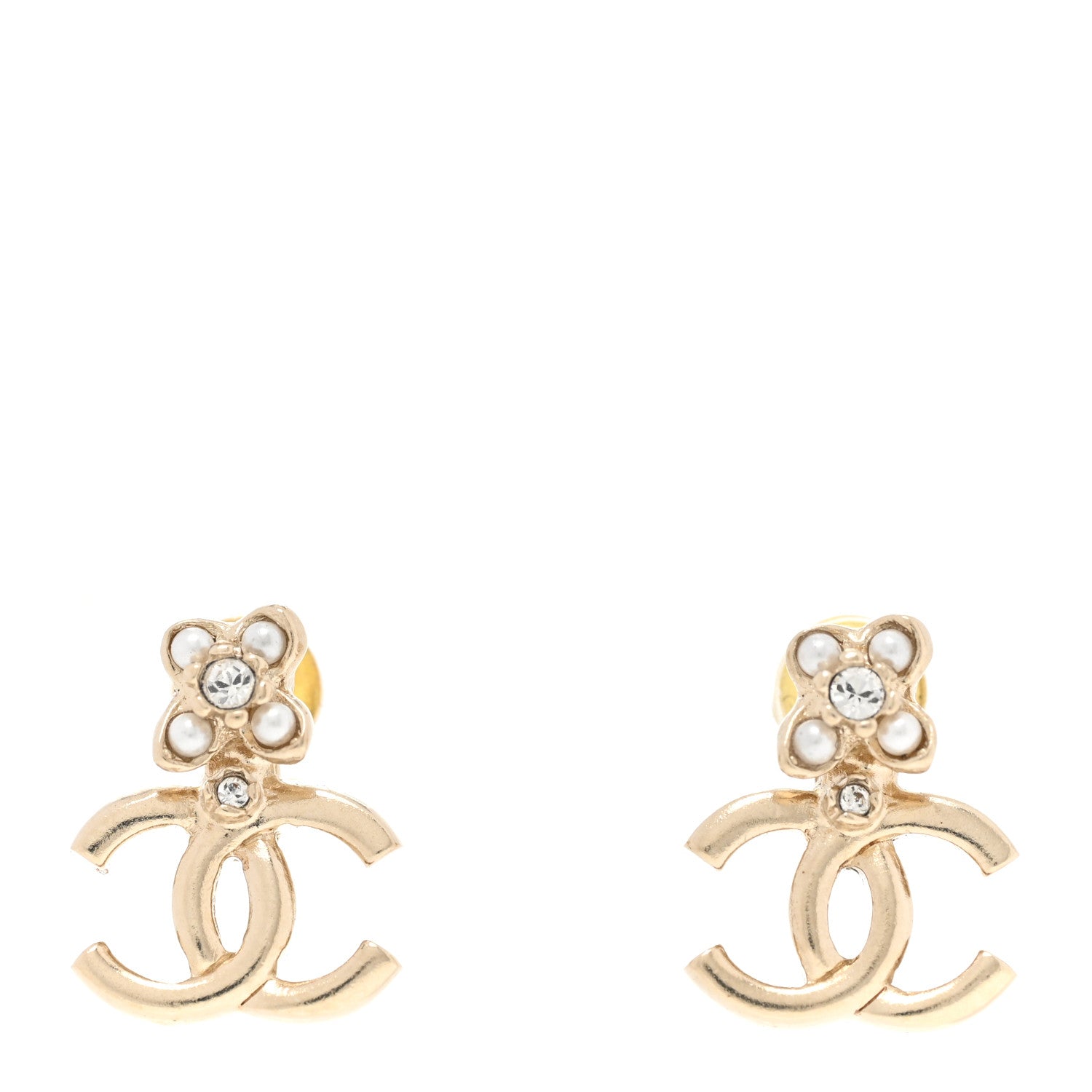 Chanel Pearl Crystal CC Stud Earrings Gold 1 of 5