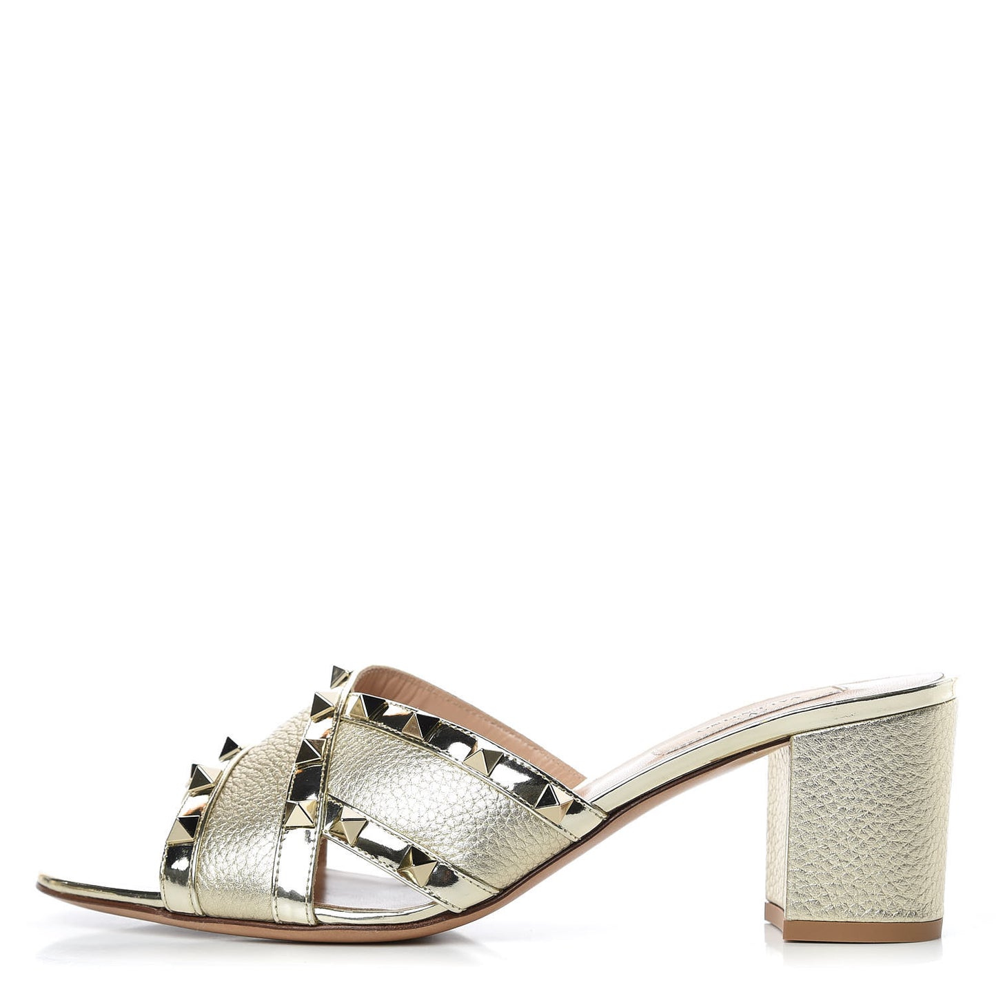 Metallic Pebbled Calfskin Rockstud Crisscross Slide 60mm Sandals 39 Platino