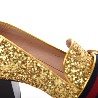 Gucci Glitter Nappa Web Peyton 75mm Loafer Pumps 39 Oro Vecchio 10 of 11