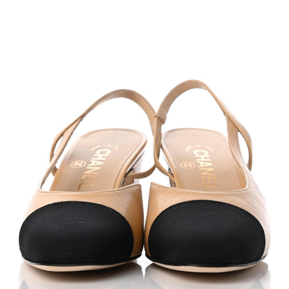 Chanel Goatskin Grosgrain Cap Toe CC Slingback Pumps 37 Beige Black 4 of 18