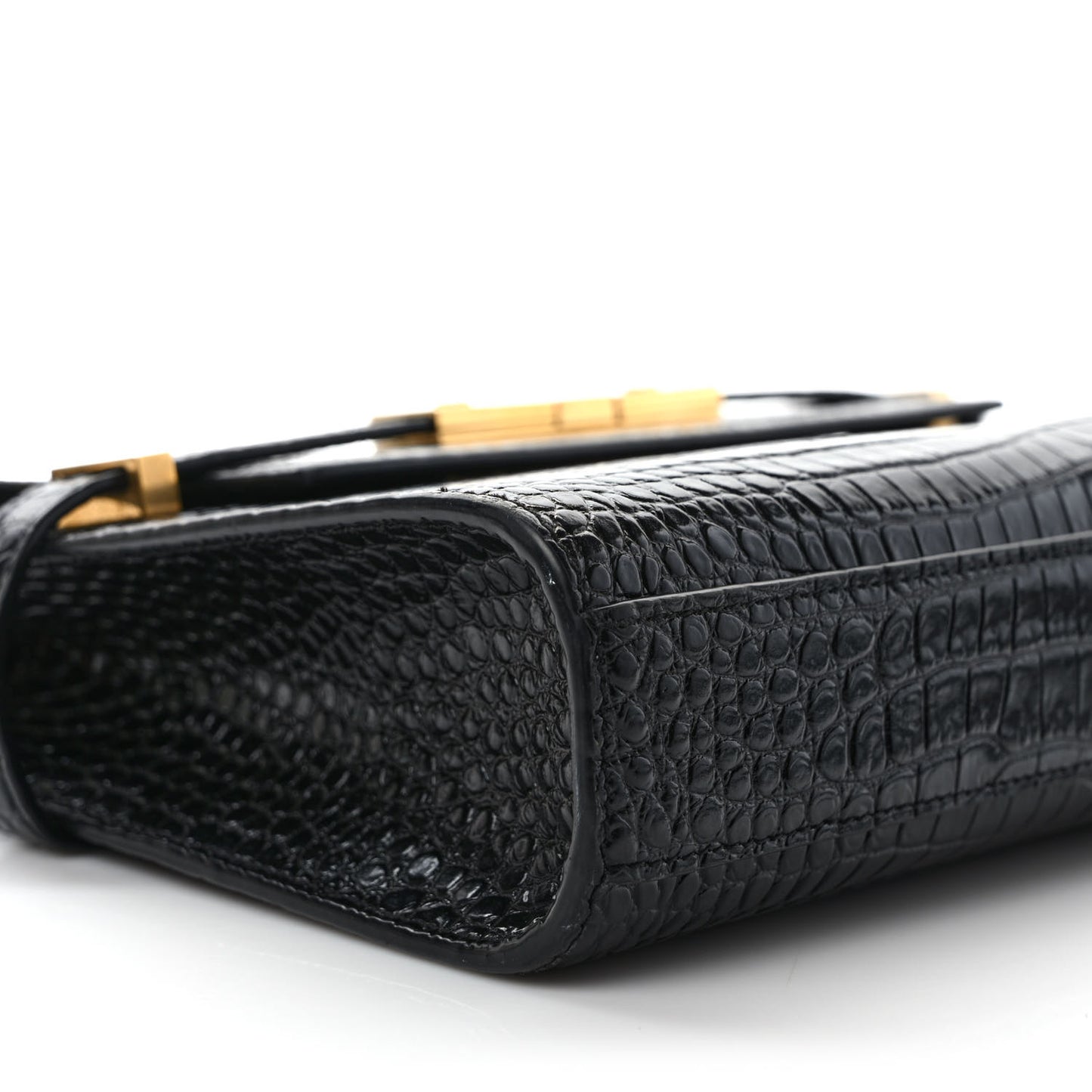 Shiny Calfskin Crocodile Embossed Manhattan Baguette Black