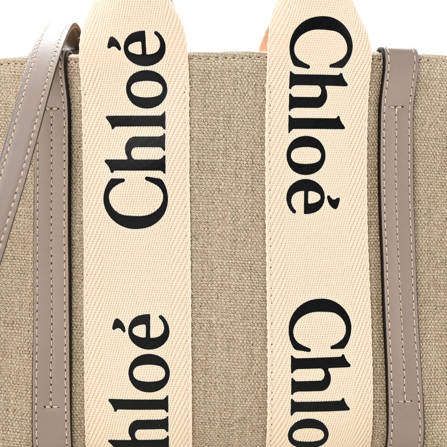 Linen Calfskin Small Woody Ribbon Tote With Strap White Grey