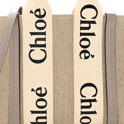Chloe Linen Calfskin Small Woody Ribbon Tote With Strap White Grey 8 of 10