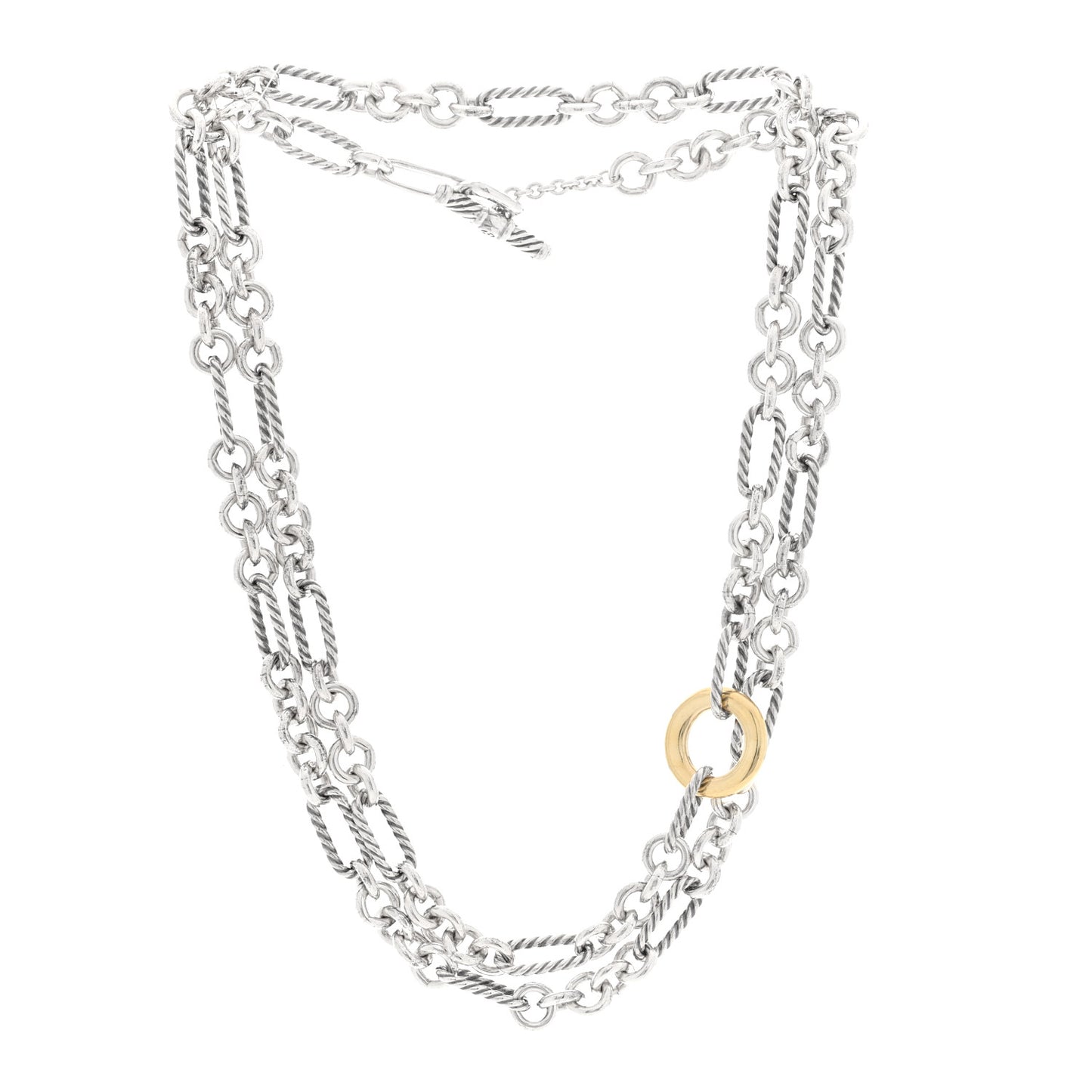 Sterling Silver 18K Yellow Gold Figaro Link Toggle Necklace 32"