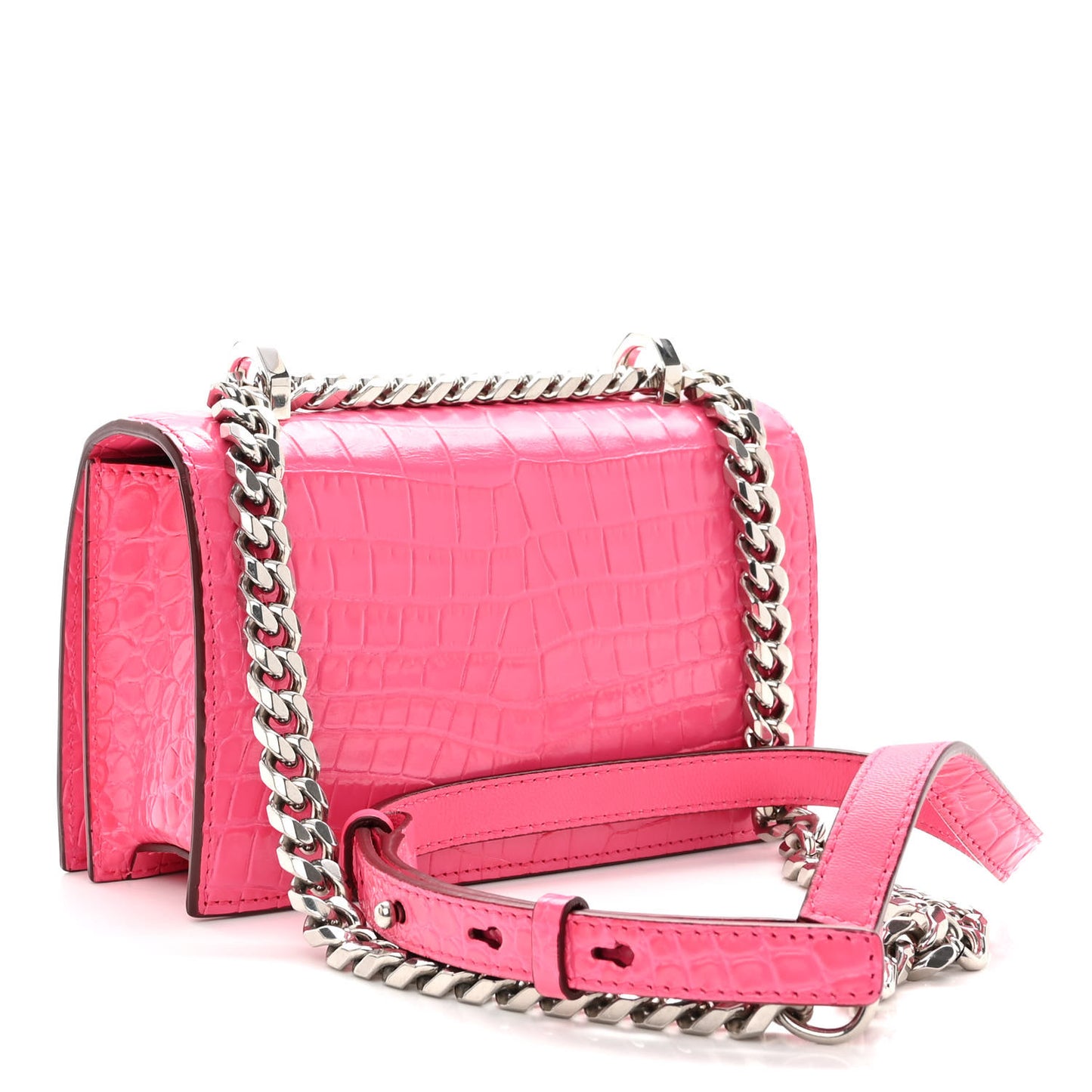 Shiny Crocodile Embossed Jeweled Satchel Peony Pink