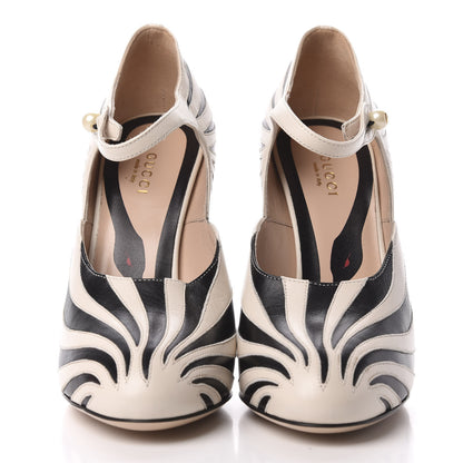 Gucci Malaga Kid Zebra Inlay Lesley Mary Jane Pumps 37.5 Mystic White Black 3 of 8