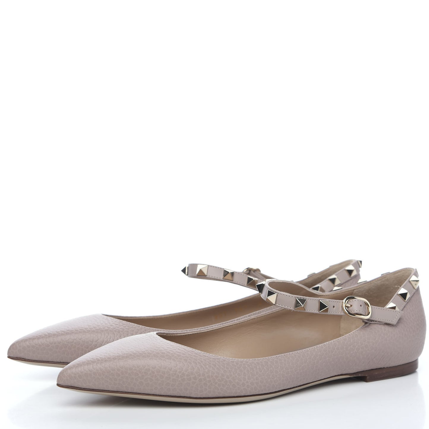 Pebbled Calfskin Rockstud Ankle Strap Ballerina Flats 39.5 Poudre