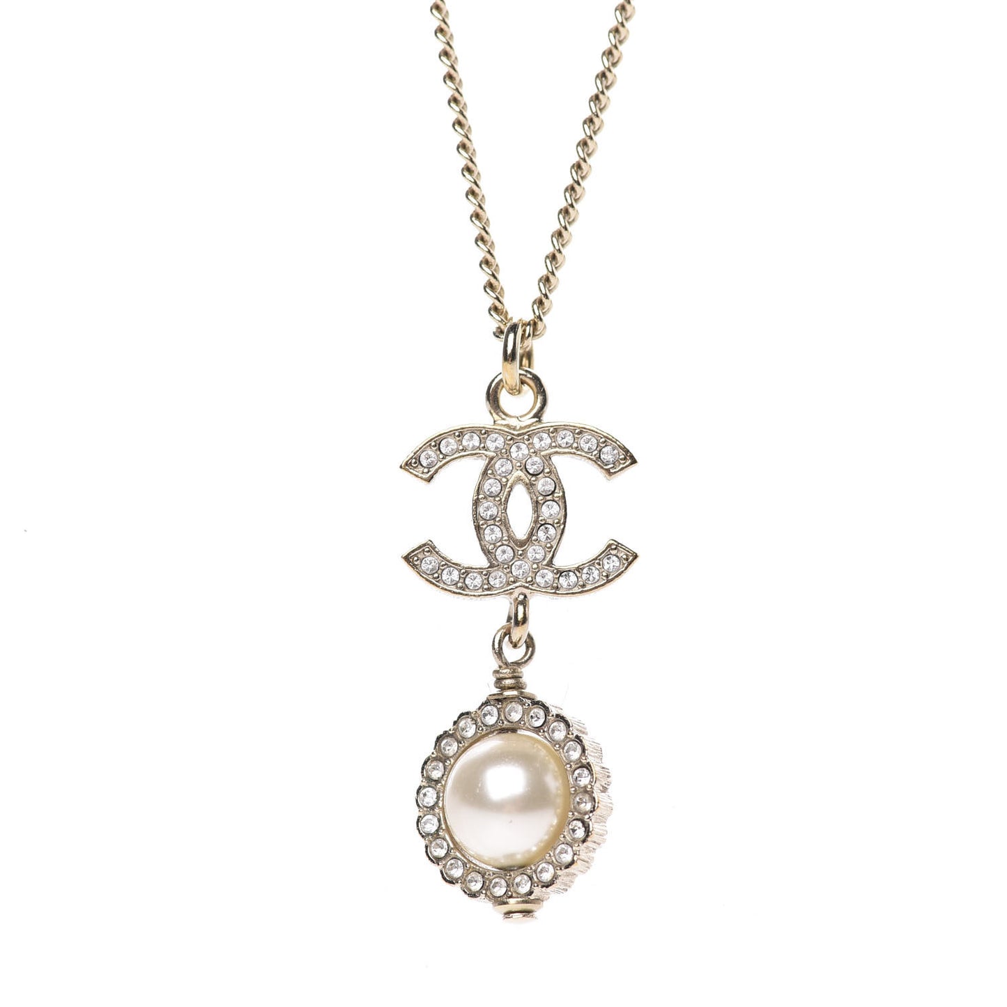Crystal CC Pearl Drop Necklace Gold