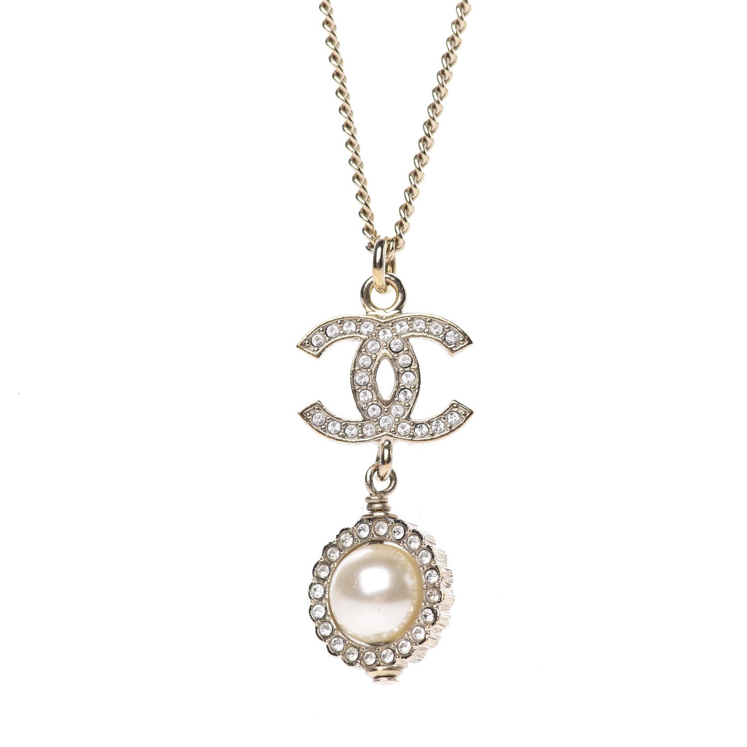 Chanel Crystal CC Pearl Drop Necklace Gold 3 of 5