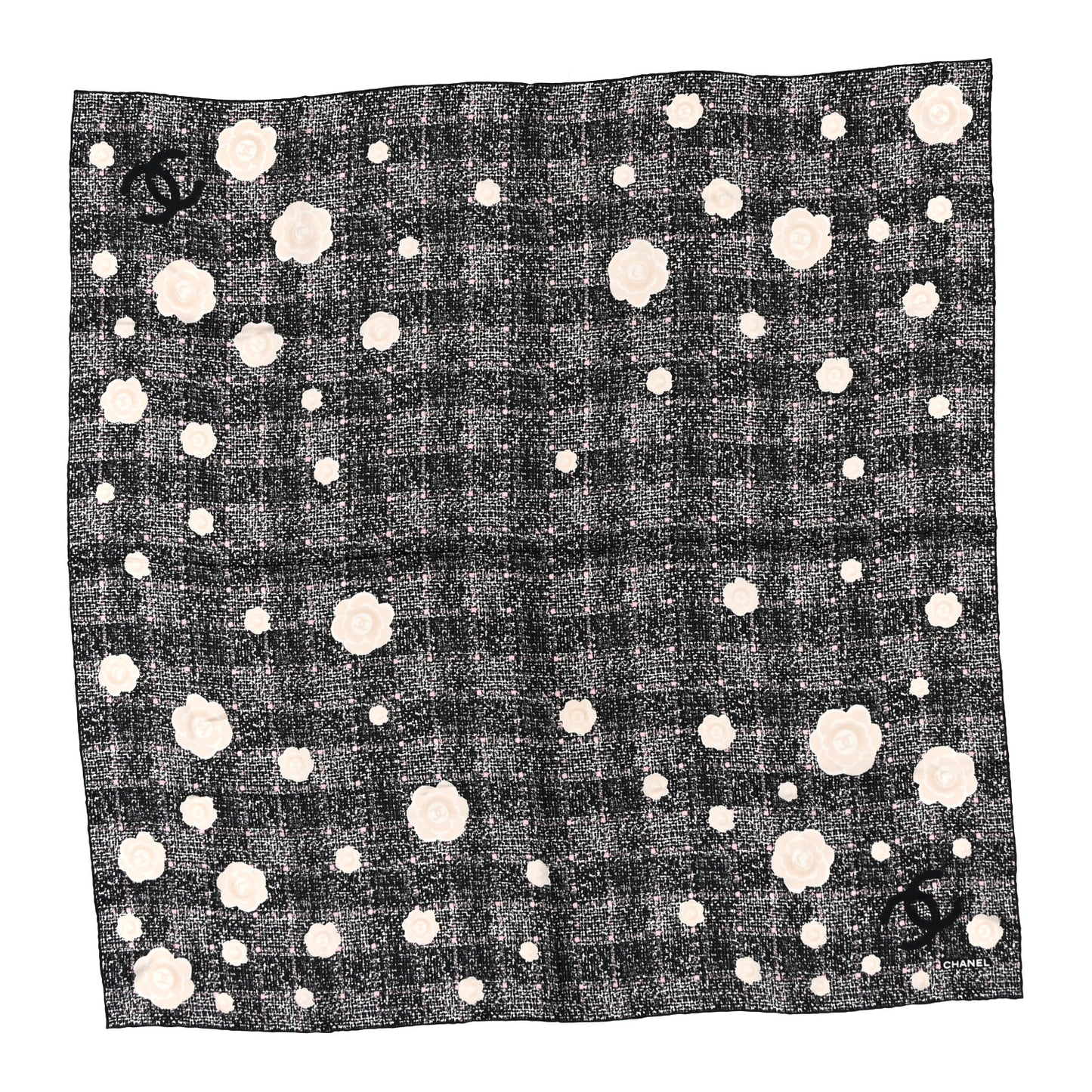 Silk Camellia CC Square Scarf Black White Pink Light Beige